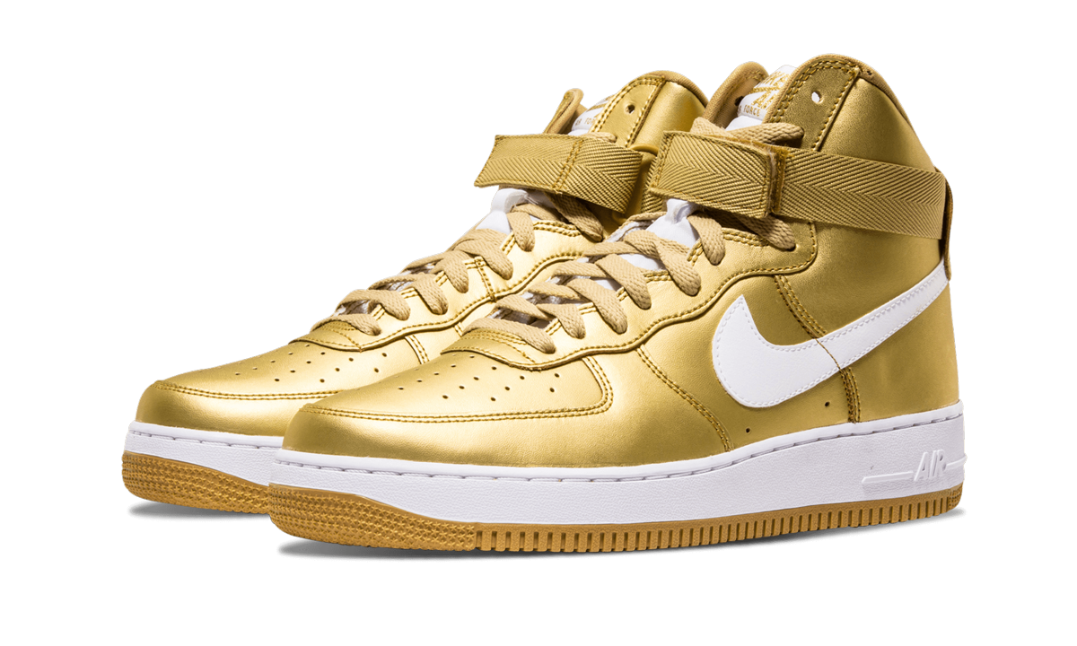 nike air force 1 high metallic gold+823297-700+diagnol right behind view