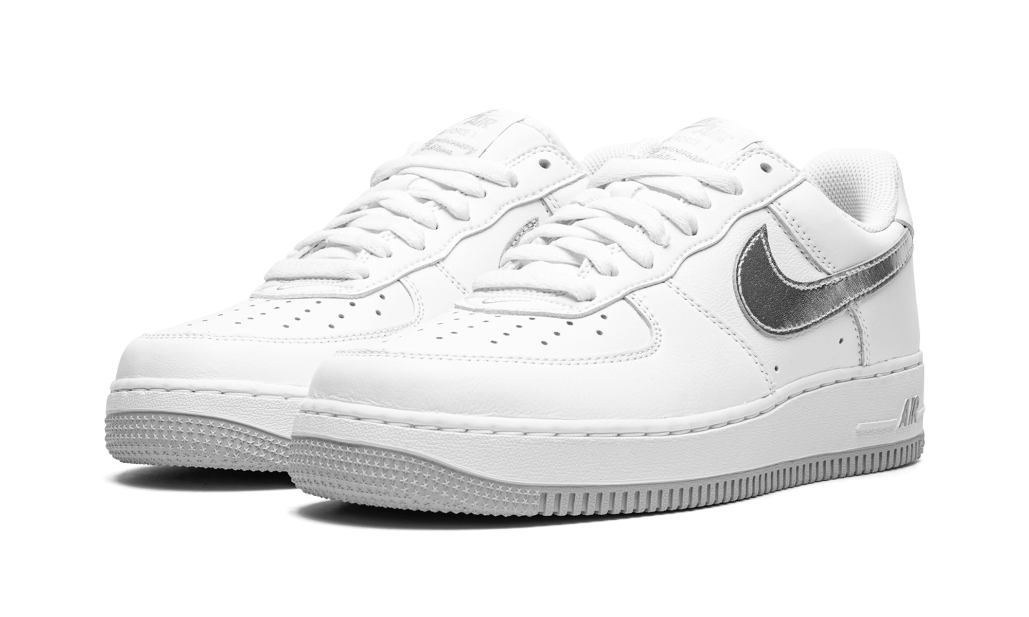 nike air force 1 07 low color of the month white metallic silver+DZ6755-100+diagnol left view