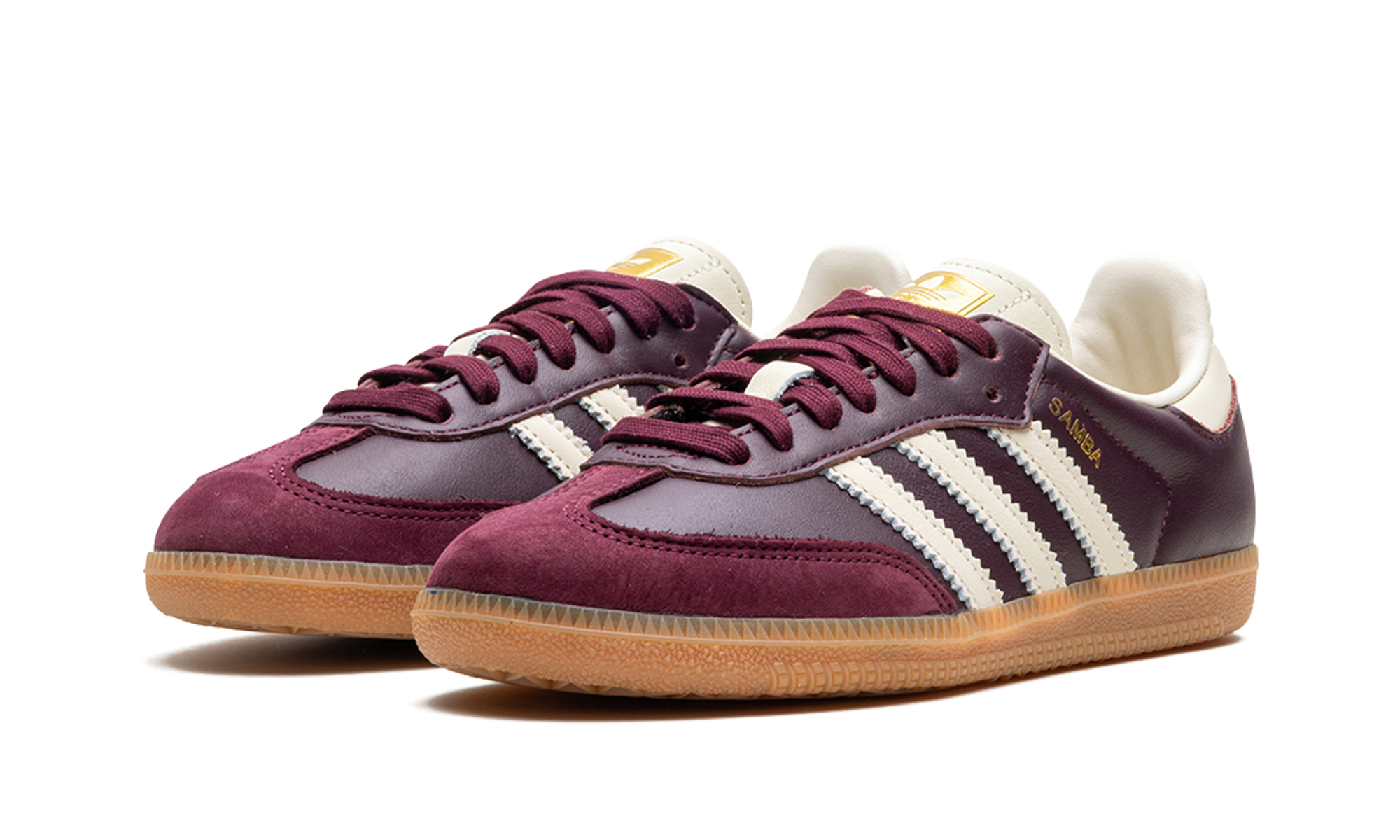 adidas samba og maroon gold metallic women s+ID0477+diagnol left view