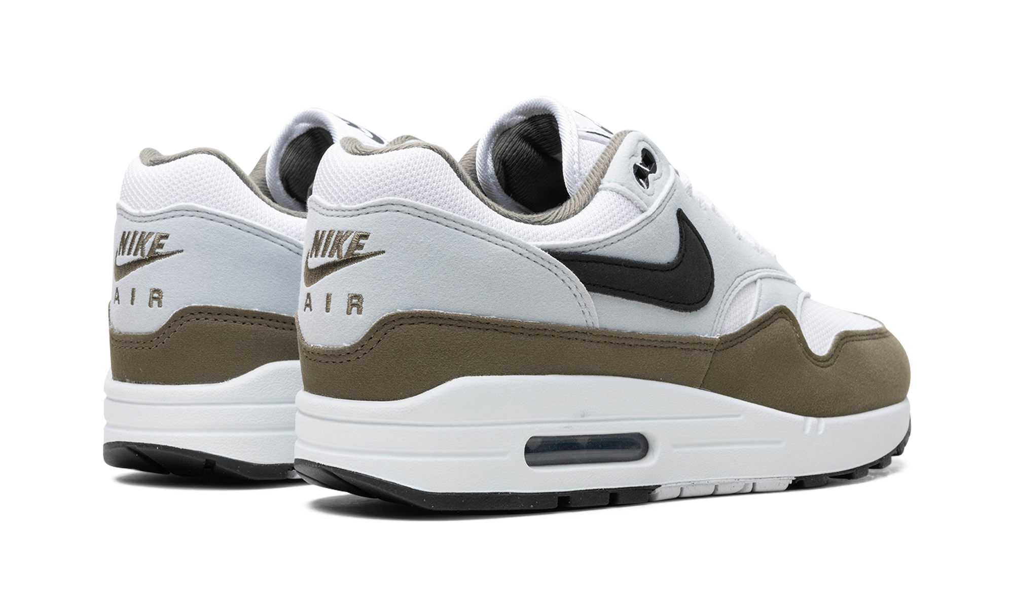 nike air max 1 white black medium olive+FD9082-102+diagnol right behind view