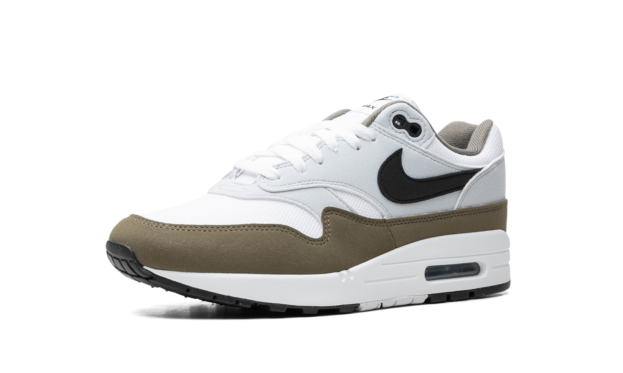 nike air max 1 white black medium olive+FD9082-102+left diagnol single view