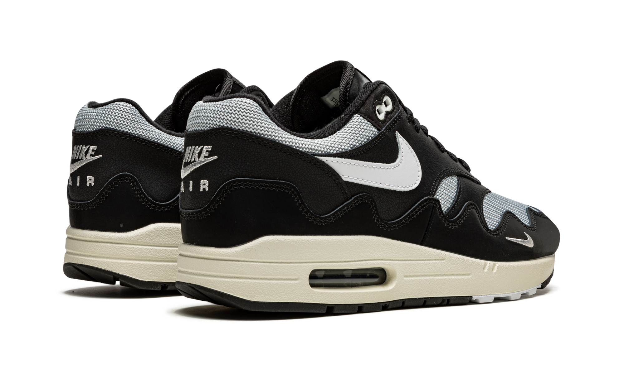 nike air max 1 patta waves black with bracelet+DQ0299-001+diagnol right behind view