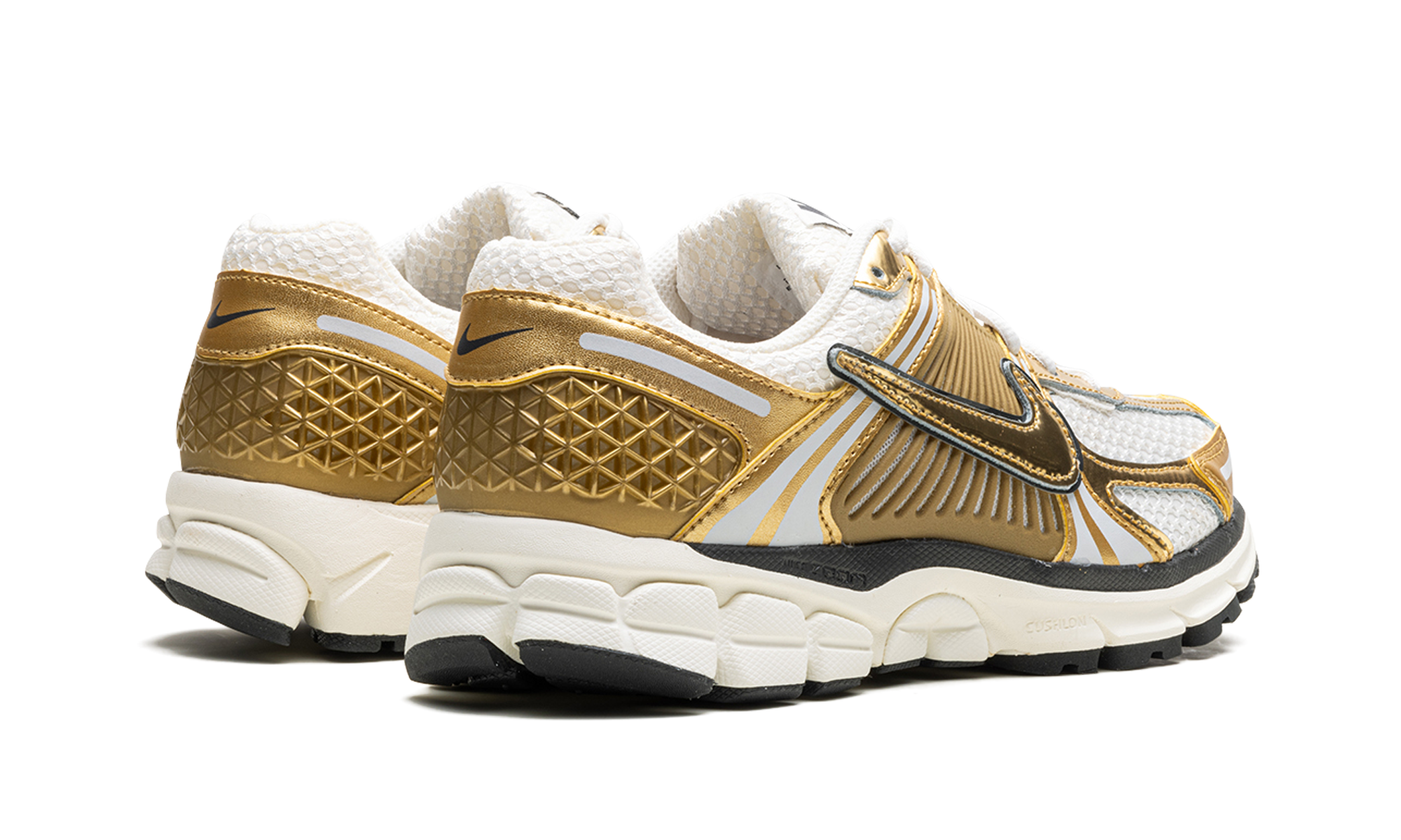 nike zoom vomero 5 metallic gold women s+HF7723-001+diagnol right behind view