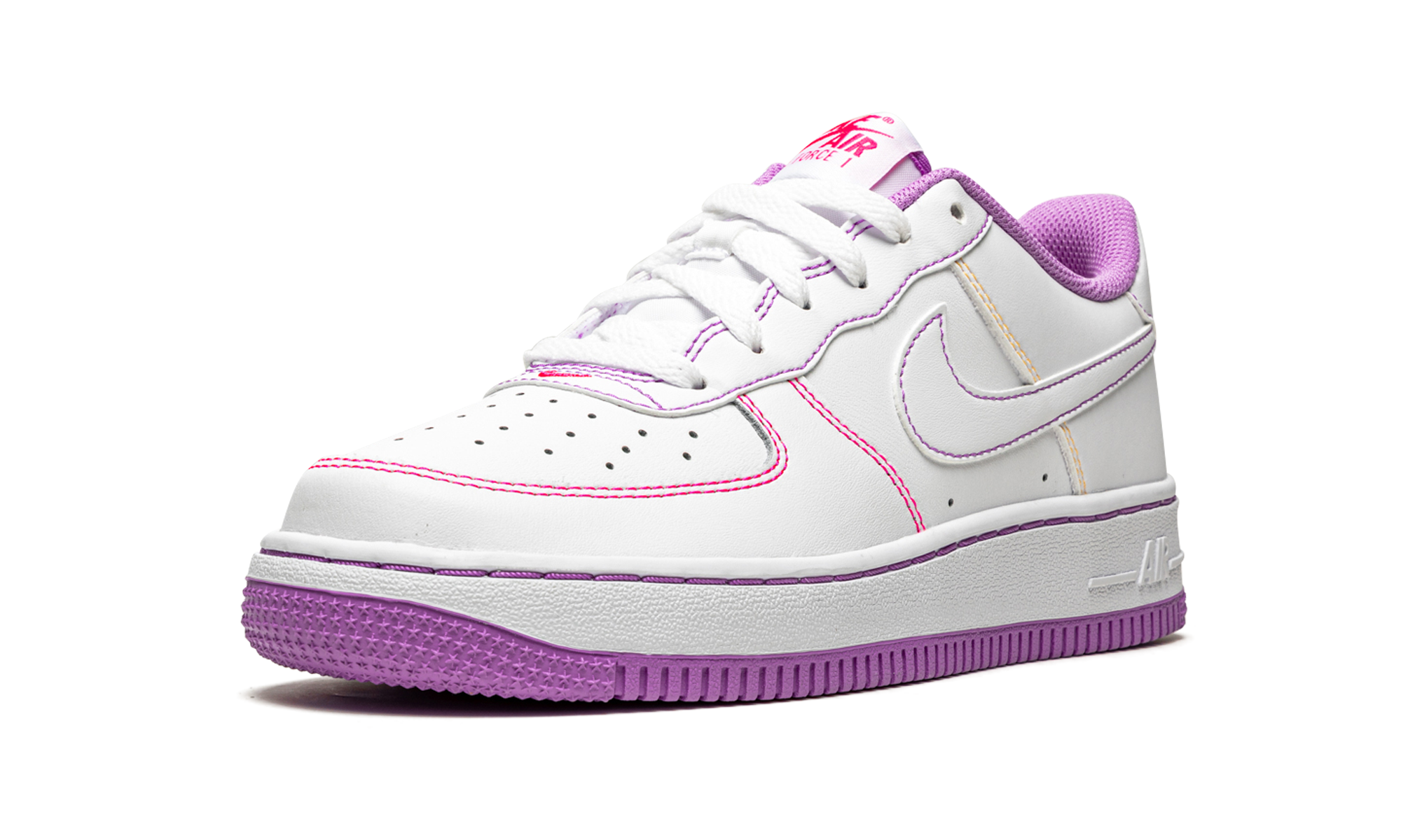 nike air force 1 low contrast stitch fuchsia glow gs+CW1575-110+left diagnol single view