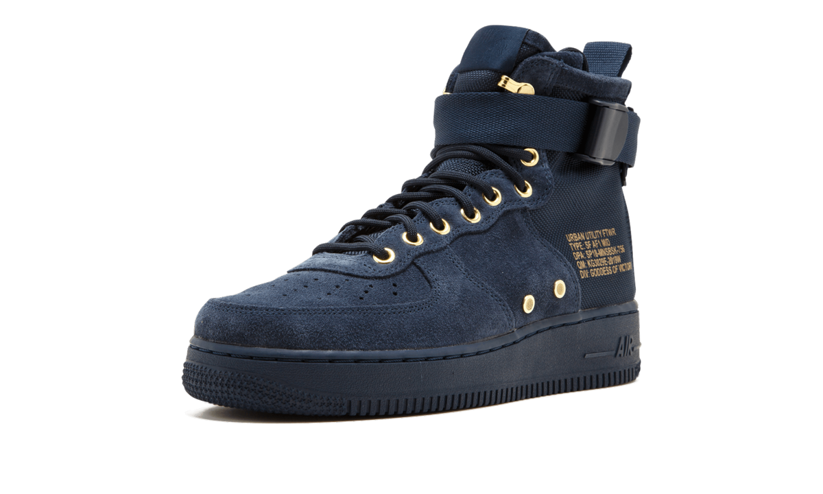 nike sf air force 1 mid obsidian metallic gold+917753-400+left diagnol single view